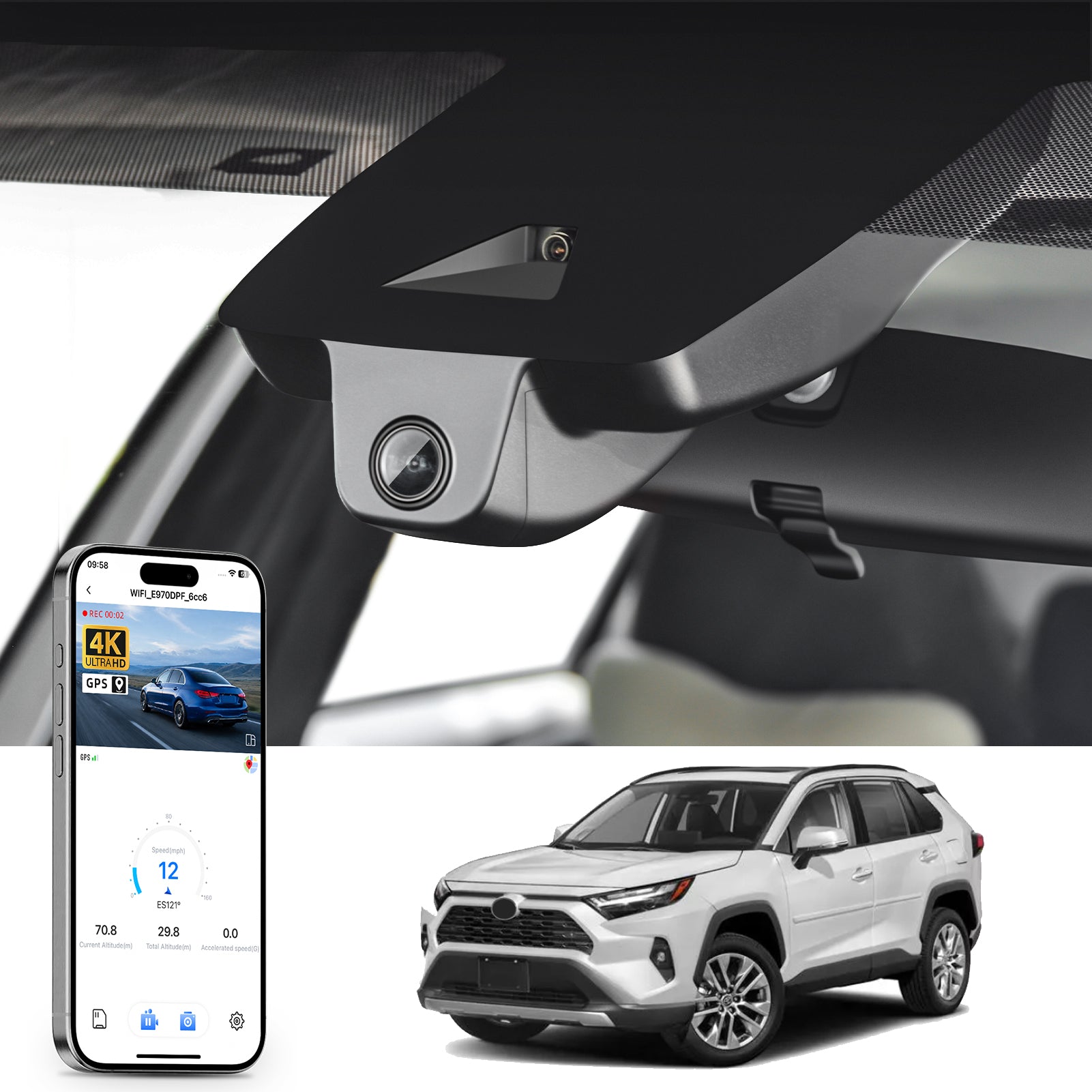 Mangoal rearview mirror built-in dash cam with smartphone app control, 4K Ultra HD recording, GPS tracking, and Toyota RAV4 models in the background.