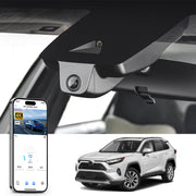 Mangoal rearview mirror built-in dash cam with smartphone app control, 4K Ultra HD recording, GPS tracking, and Toyota RAV4 models in the background.