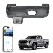 Mangoal rearview mirror built-in dash cam with smartphone app control, 4K Ultra HD recording, GPS tracking, and Toyota Tacoma models in the background.