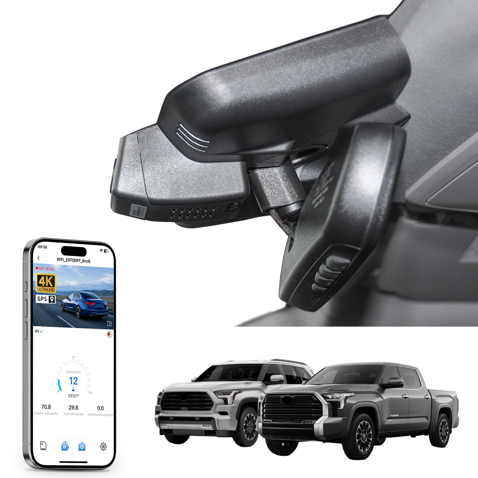 Mangoal rearview mirror built-in dash cam with smartphone app control, 4K Ultra HD recording, GPS tracking, and Toyota Tundra Sequoia models in the background.