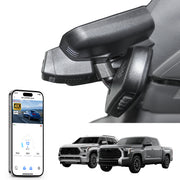 Mangoal rearview mirror built-in dash cam with smartphone app control, 4K Ultra HD recording, GPS tracking, and Toyota Tundra Sequoia models in the background.