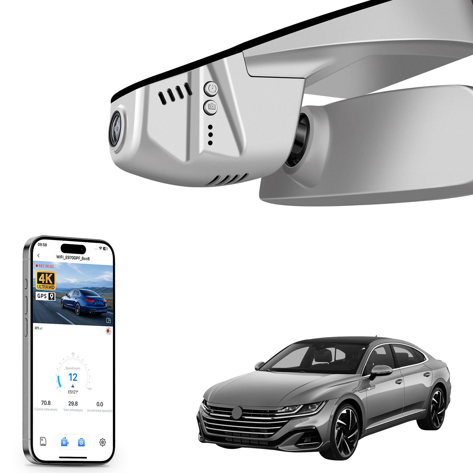 Mangoal rearview mirror built-in dash cam with smartphone app control, 4K Ultra HD recording, GPS tracking, and Volkswagen Arteon models in the background.