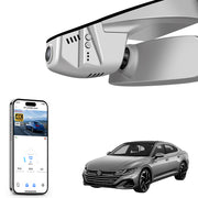 Mangoal rearview mirror built-in dash cam with smartphone app control, 4K Ultra HD recording, GPS tracking, and Volkswagen Arteon models in the background.