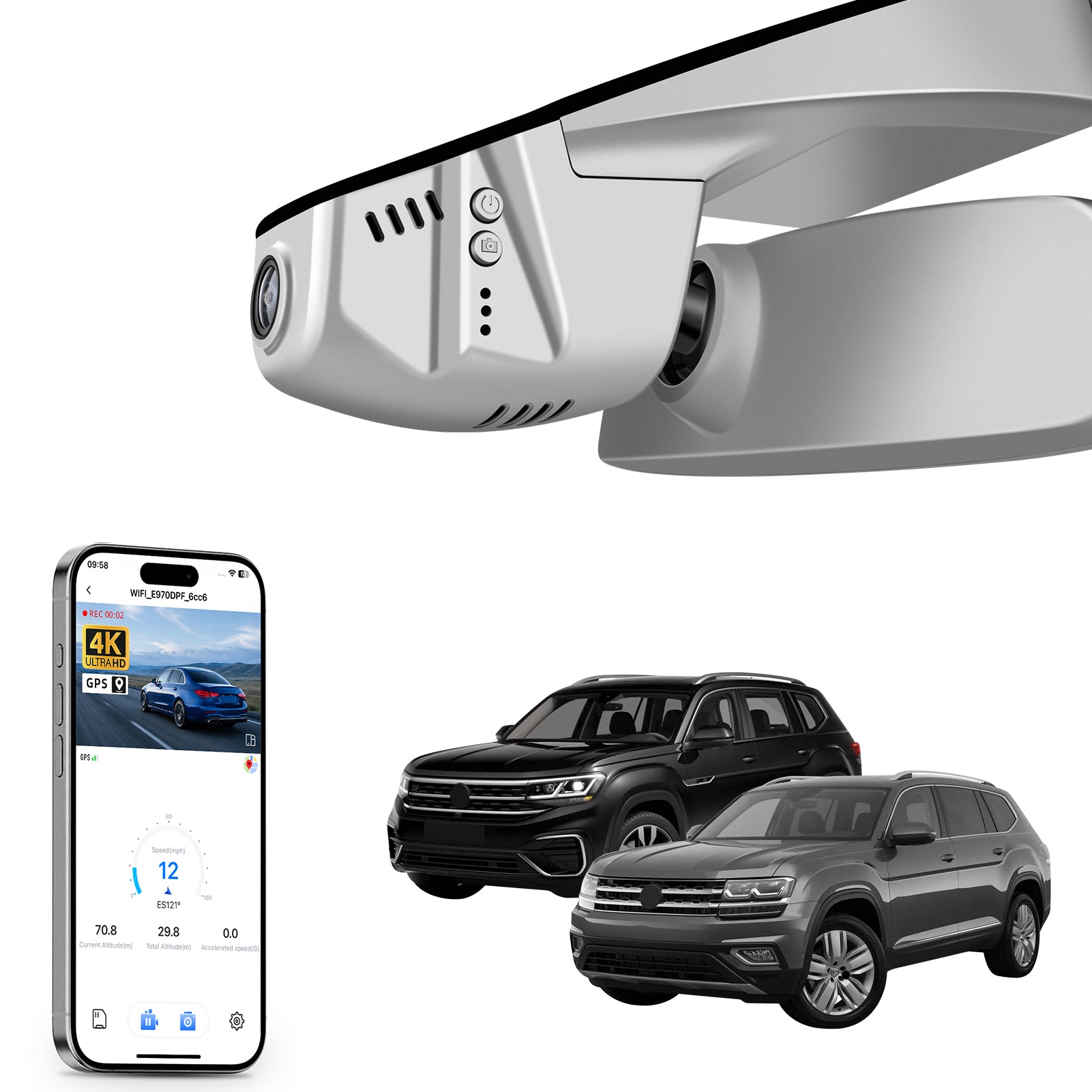 Mangoal rearview mirror built-in dash cam with smartphone app control, 4K Ultra HD recording, GPS tracking, and Volkswagen Atlas & Atlas Cross Sport models in the background.