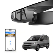 Mangoal rearview mirror built-in dash cam with smartphone app control, 4K Ultra HD recording, GPS tracking, and Volkswagen Caddy models in the background.
