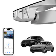 Mangoal rearview mirror built-in dash cam with smartphone app control, 4K Ultra HD recording, GPS tracking, and Volkswagen Golf models in the background.