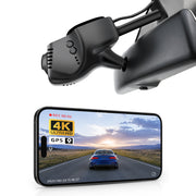 Mangoal rearview mirror built-in dash cam with smartphone app control, 4K Ultra HD recording, GPS tracking, and Volkswagen Series models in the background.