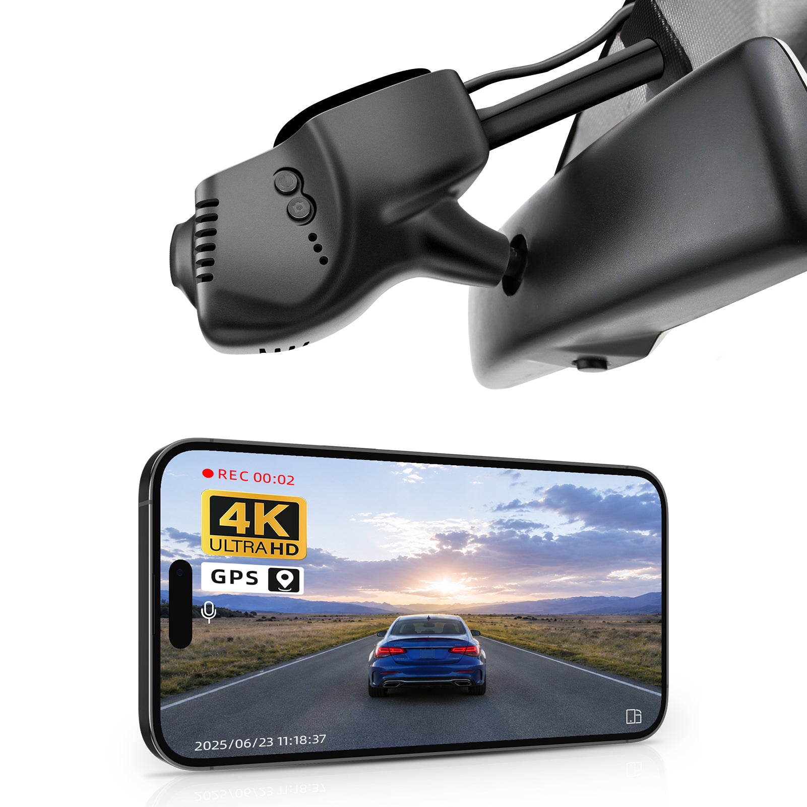 Mangoal rearview mirror built-in dash cam with smartphone app control, 4K Ultra HD recording, GPS tracking, and Volkswagen Series models in the background.