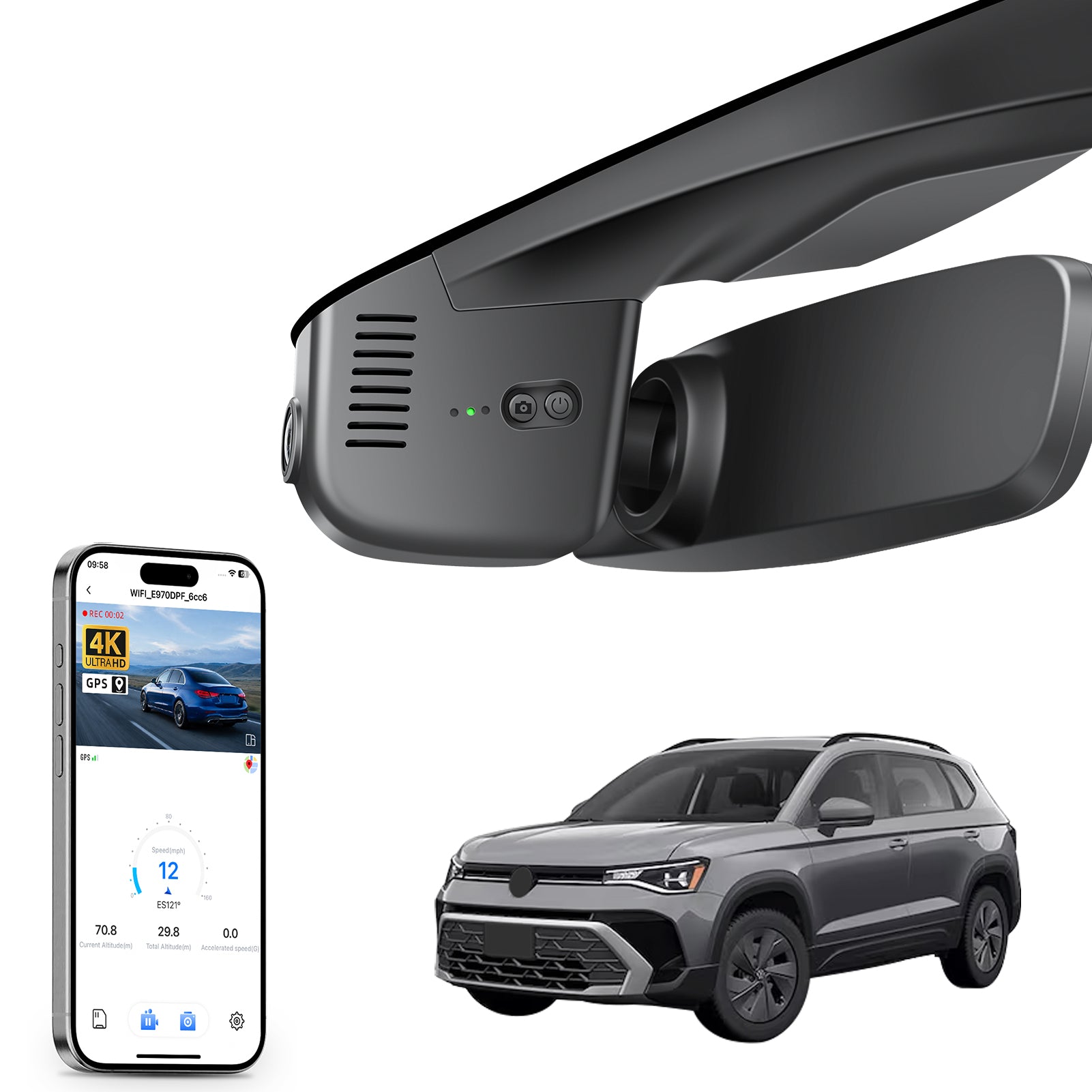 Mangoal rearview mirror built-in dash cam with smartphone app control, 4K Ultra HD recording, GPS tracking, and Volkswagen Taos models in the background.