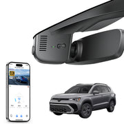 Mangoal rearview mirror built-in dash cam with smartphone app control, 4K Ultra HD recording, GPS tracking, and Volkswagen Taos models in the background.