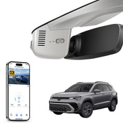 Mangoal rearview mirror built-in dash cam with smartphone app control, 4K Ultra HD recording, GPS tracking, and Volkswagen Taos models in the background.
