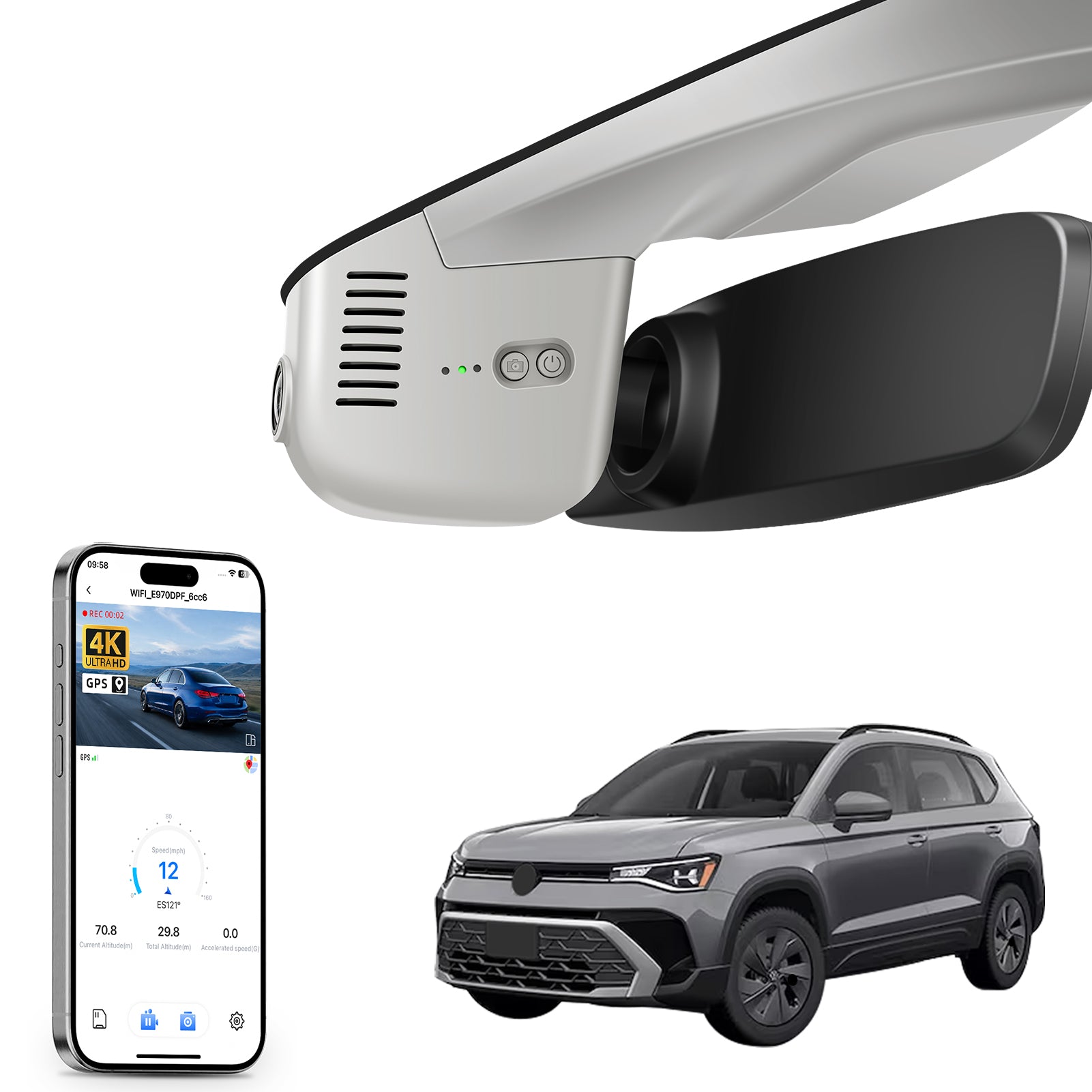 Mangoal rearview mirror built-in dash cam with smartphone app control, 4K Ultra HD recording, GPS tracking, and Volkswagen Taos models in the background.