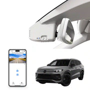 Mangoal rearview mirror built-in dash cam with smartphone app control, 4K Ultra HD recording, GPS tracking, and Volkswagen Tayron models in the background.