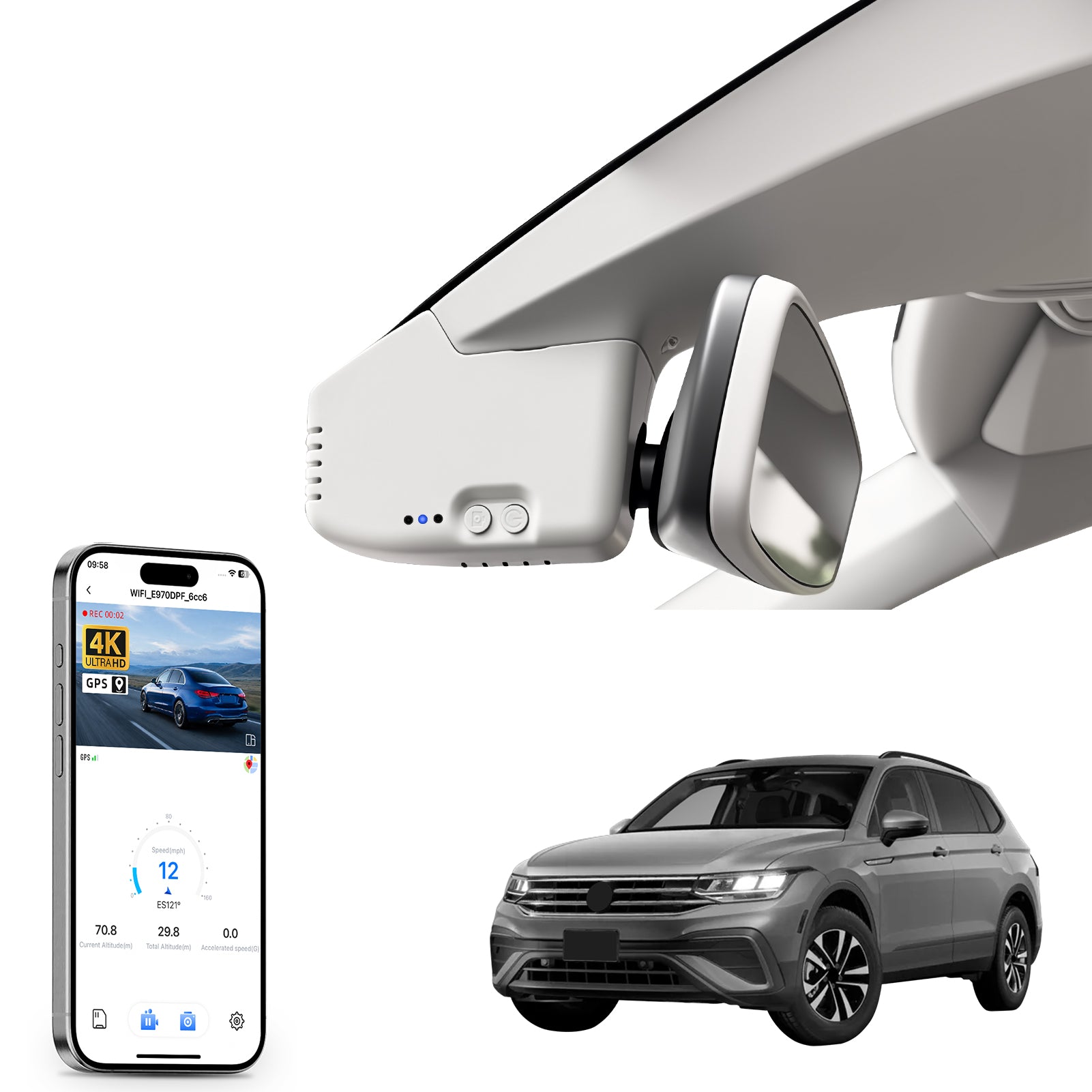 Mangoal rearview mirror built-in dash cam with smartphone app control, 4K Ultra HD recording, GPS tracking, and Volkswagen Tiguan models in the background.