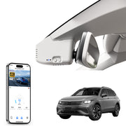 Mangoal rearview mirror built-in dash cam with smartphone app control, 4K Ultra HD recording, GPS tracking, and Volkswagen Tiguan models in the background.