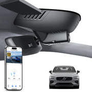 Mangoal rearview mirror built-in dash cam with smartphone app control, 4K Ultra HD recording, GPS tracking, and Volvo S60 V60 models in the background.
