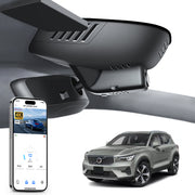 Mangoal rearview mirror built-in dash cam with smartphone app control, 4K Ultra HD recording, GPS tracking, and Volvo XC40 models in the background.
