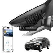 Mangoal rearview mirror built-in dash cam with smartphone app control, 4K Ultra HD recording, GPS tracking, and Volvo XC60 models in the background.