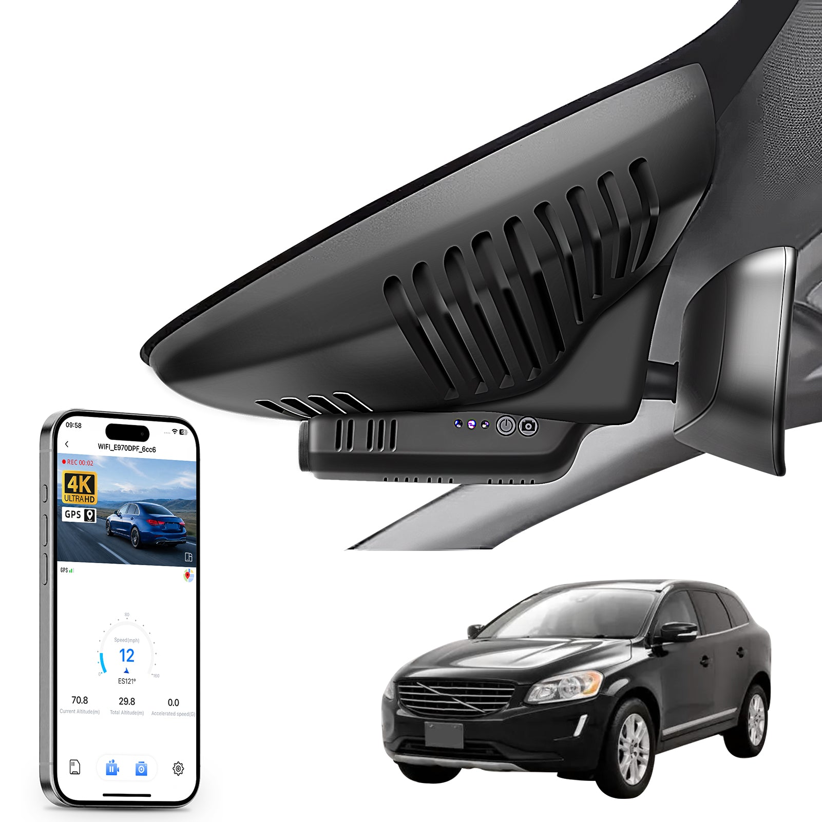 Mangoal rearview mirror built-in dash cam with smartphone app control, 4K Ultra HD recording, GPS tracking, and Volvo XC60 models in the background.