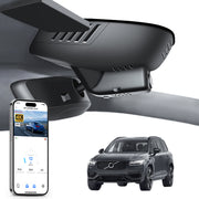 Mangoal rearview mirror built-in dash cam with smartphone app control, 4K Ultra HD recording, GPS tracking, and Volvo XC90 models in the background.