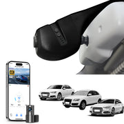 Mangoal 2 channel dash cam with STARVIS sensor, features smartphone app control, front 4K UHD and rear Full HD recording, GPS tracking, and Audi Black  models in the background.