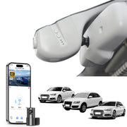 Mangoal 2 channel dash cam with STARVIS sensor, features smartphone app control, front 4K UHD and rear Full HD recording, GPS tracking, and Audi Gray models in the background.