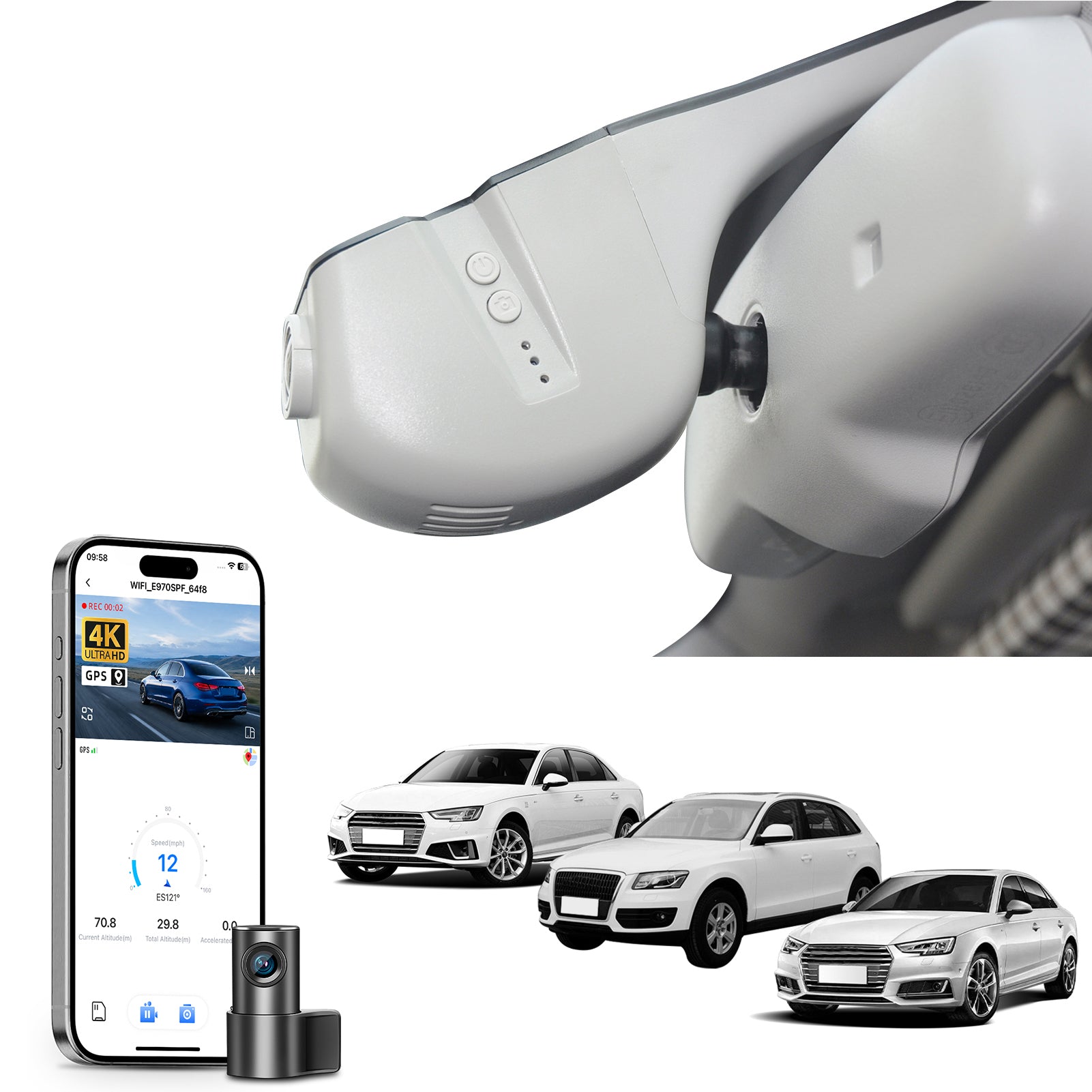 Mangoal 2 channel dash cam with STARVIS sensor, features smartphone app control, front 4K UHD and rear Full HD recording, GPS tracking, and Audi Gray models in the background.
