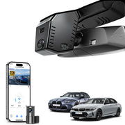 Mangoal 2 channel dash cam with STARVIS sensor, features smartphone app control, front 4K UHD and rear Full HD recording, GPS tracking, and BMW 3 Series Gen7 models in the background.