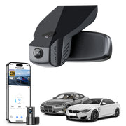 Mangoal 2 channel dash cam with STARVIS sensor, features smartphone app control, front 4K UHD and rear Full HD recording, GPS tracking, and BMW 4 Series Gen1 models in the background.