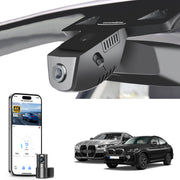 Mangoal 2 channel dash cam with STARVIS sensor, features smartphone app control, front 4K UHD and rear Full HD recording, GPS tracking, and BMW 4 Series Gen2 models in the background.
