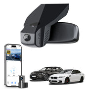 Mangoal 2 channel dash cam with STARVIS sensor, features smartphone app control, front 4K UHD and rear Full HD recording, GPS tracking, and BMW 5 Series Gen6 models in the background.