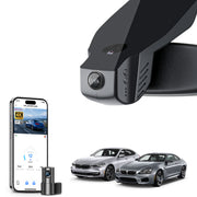 Mangoal 2 channel dash cam with STARVIS sensor, features smartphone app control, front 4K UHD and rear Full HD recording, GPS tracking, and BMW 6 Series Gen3 models in the background.