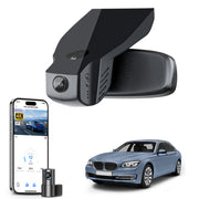 Mangoal 2 channel dash cam with STARVIS sensor, features smartphone app control, front 4K UHD and rear Full HD recording, GPS tracking, and BMW 7 Series Gen5 models in the background.