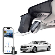 Mangoal 2 channel dash cam with STARVIS sensor, features smartphone app control, front 4K UHD and rear Full HD recording, GPS tracking, and BMW 7 Series Gen6 models in the background.