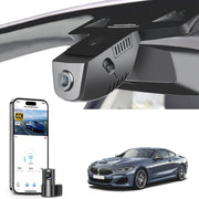 Mangoal 2 channel dash cam with STARVIS sensor, features smartphone app control, front 4K UHD and rear Full HD recording, GPS tracking, and BMW 8 Series Gen2 models in the background.
