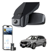 Mangoal 2 channel dash cam with STARVIS sensor, features smartphone app control, front 4K UHD and rear Full HD recording, GPS tracking, and BMW X1 Gen2 models in the background.