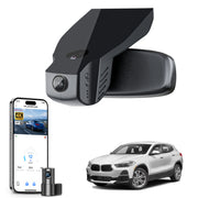 Mangoal 2 channel dash cam with STARVIS sensor, features smartphone app control, front 4K UHD and rear Full HD recording, GPS tracking, and BMW X2 Gen1 models in the background.