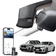 Mangoal 2 channel dash cam with STARVIS sensor, features smartphone app control, front 4K UHD and rear Full HD recording, GPS tracking, and BMW X3 Gen3 models in the background.