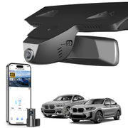Mangoal 2 channel dash cam with STARVIS sensor, features smartphone app control, front 4K UHD and rear Full HD recording, GPS tracking, and BMW X4 Gen2 models in the background.