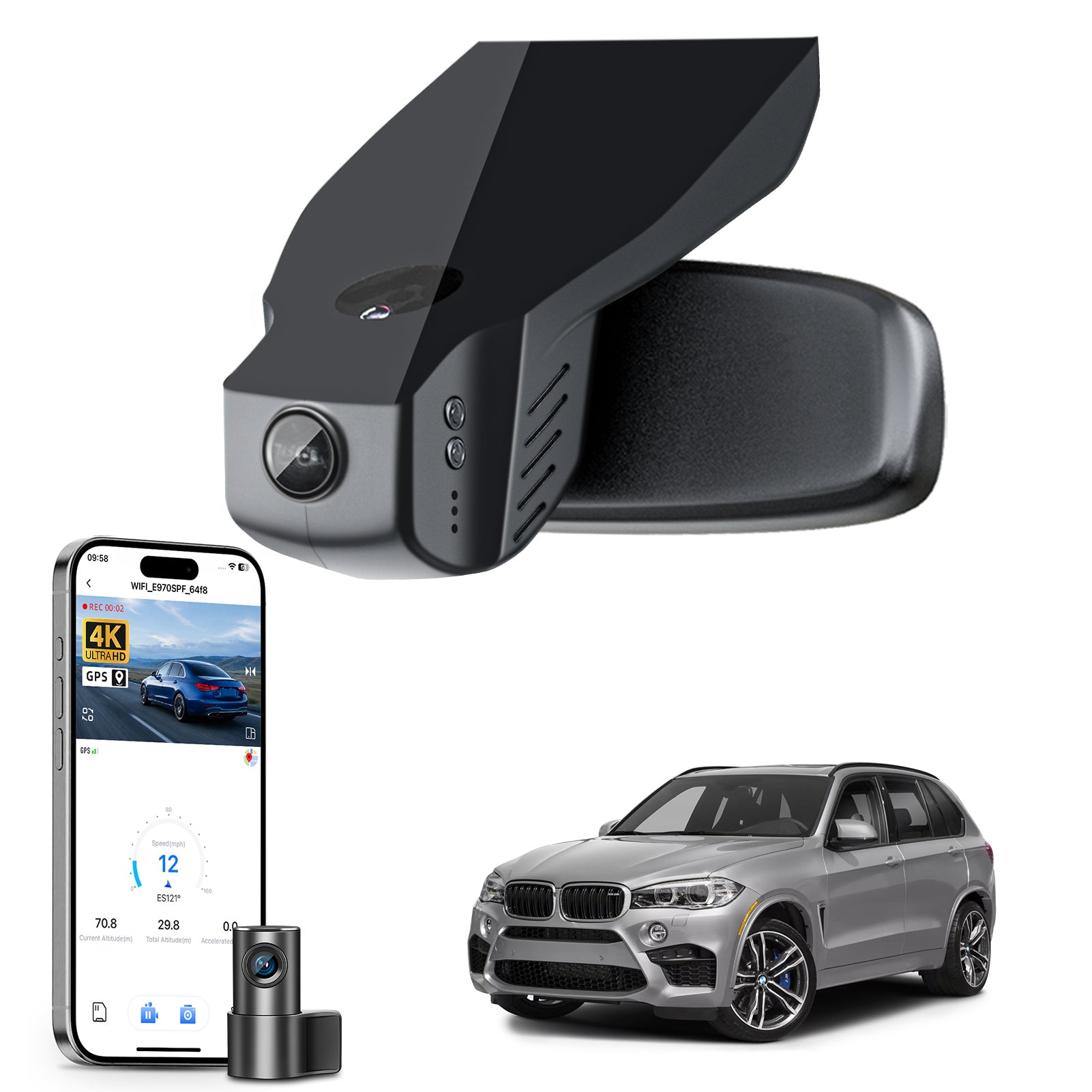 Mangoal 2 channel dash cam with STARVIS sensor, features smartphone app control, front 4K UHD and rear Full HD recording, GPS tracking, and BMW X5 Gen3 models in the background.