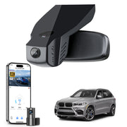 Mangoal 2 channel dash cam with STARVIS sensor, features smartphone app control, front 4K UHD and rear Full HD recording, GPS tracking, and BMW X5 Gen3 models in the background.
