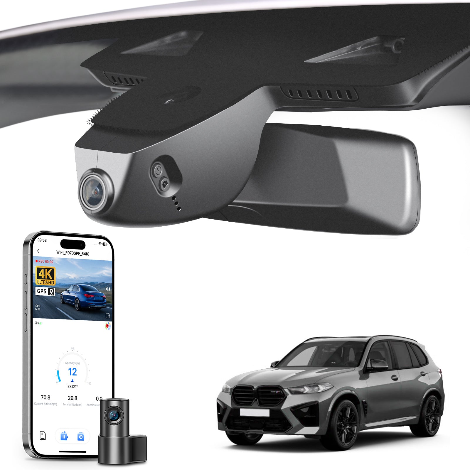 Mangoal 2 channel dash cam with STARVIS sensor, features smartphone app control, front 4K UHD and rear Full HD recording, GPS tracking, and BMW X5 Gen4 models in the background.