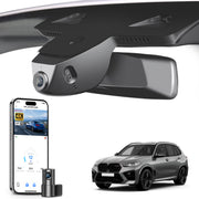 Mangoal 2 channel dash cam with STARVIS sensor, features smartphone app control, front 4K UHD and rear Full HD recording, GPS tracking, and BMW X5 Gen4 models in the background.