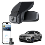 Mangoal 2 channel dash cam with STARVIS sensor, features smartphone app control, front 4K UHD and rear Full HD recording, GPS tracking, and BMW X6 Gen2 models in the background.