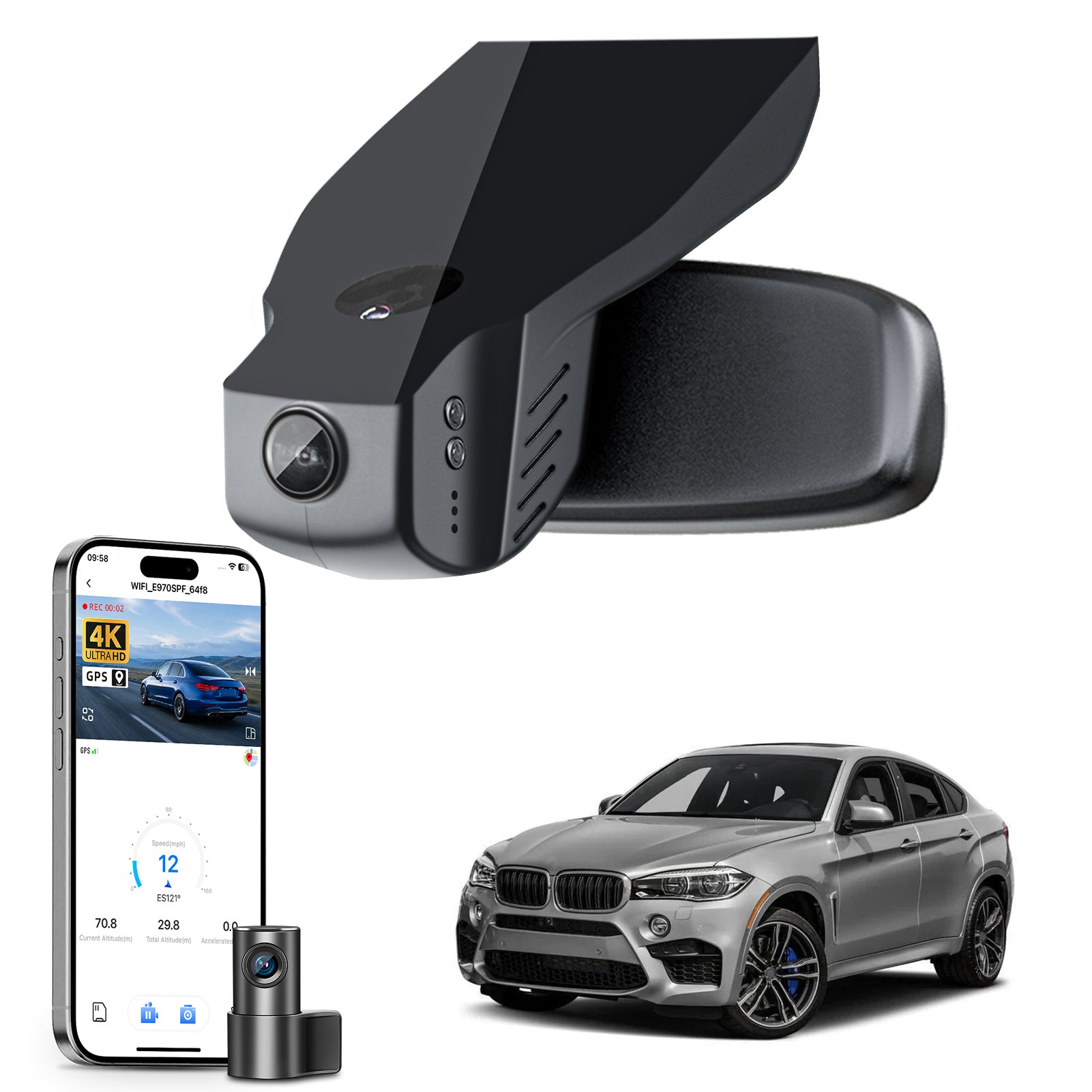 Mangoal 2 channel dash cam with STARVIS sensor, features smartphone app control, front 4K UHD and rear Full HD recording, GPS tracking, and BMW X6 Gen2 models in the background.
