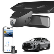 Mangoal 2 channel dash cam with STARVIS sensor, features smartphone app control, front 4K UHD and rear Full HD recording, GPS tracking, and BMW X6 Gen3 models in the background.