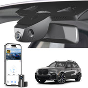 Mangoal 2 channel dash cam with STARVIS sensor, features smartphone app control, front 4K UHD and rear Full HD recording, GPS tracking, and BMW X7 Gen1 models in the background.