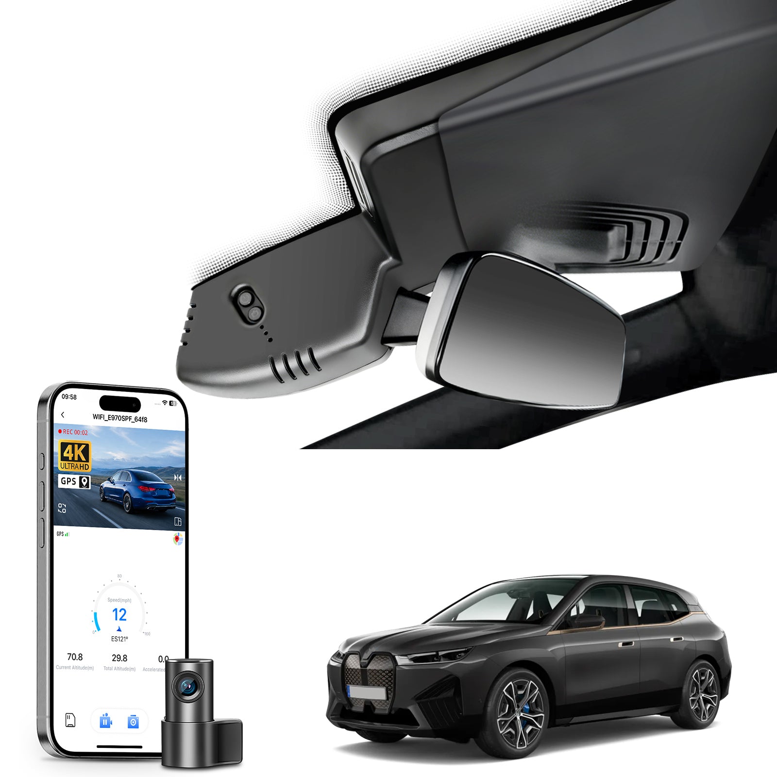 Mangoal 2 channel dash cam with STARVIS sensor, features smartphone app control, front 4K UHD and rear Full HD recording, GPS tracking, and BMW-iX models in the background.