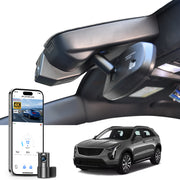 Mangoal 2 channel dash cam with STARVIS sensor, features smartphone app control, front 4K UHD and rear Full HD recording, GPS tracking, and Cadillac XT4 models in the background.