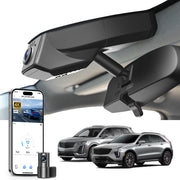 Mangoal 2 channel dash cam with STARVIS sensor, features smartphone app control, front 4K UHD and rear Full HD recording, GPS tracking, and Cadillac XT5 models in the background.
